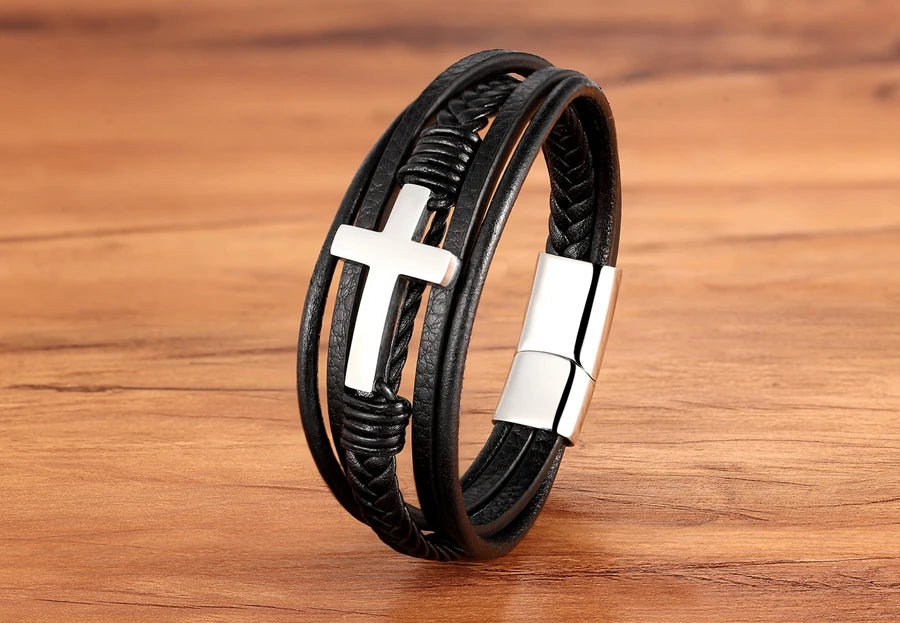 Xqni luxo multicolorido cruz design clássico aço inoxidável pulseira de couro masculino 19/21/23cm escolher bonito presentes de natal