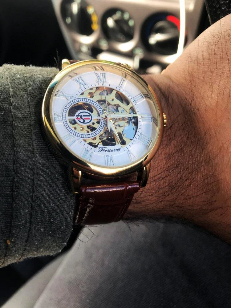 Forsining logotipo 3d design oco gravura preto caso dourado esqueleto de couro relógios mecânicos masculino marca luxo heren horloge