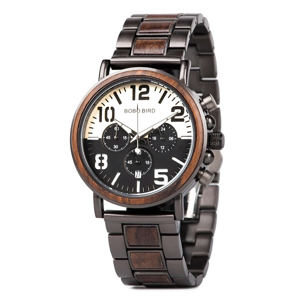 Bobobird relógio masculino de luxo, cronógrafo de quartzo, relógio de pulso personalizado, pulseira de metal e madeira, caixa de presente