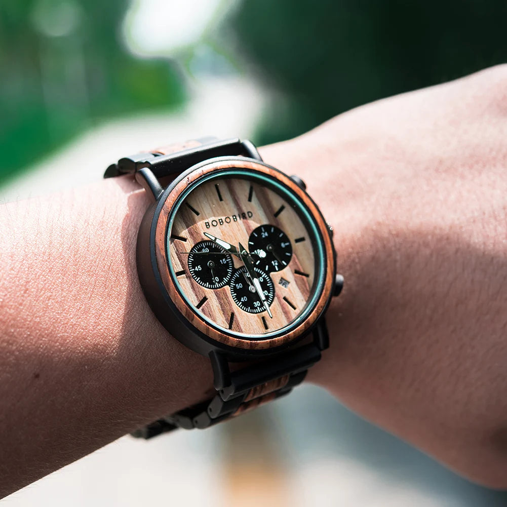 Bobobird relógio masculino de luxo, cronógrafo de quartzo, relógio de pulso personalizado, pulseira de metal e madeira, caixa de presente