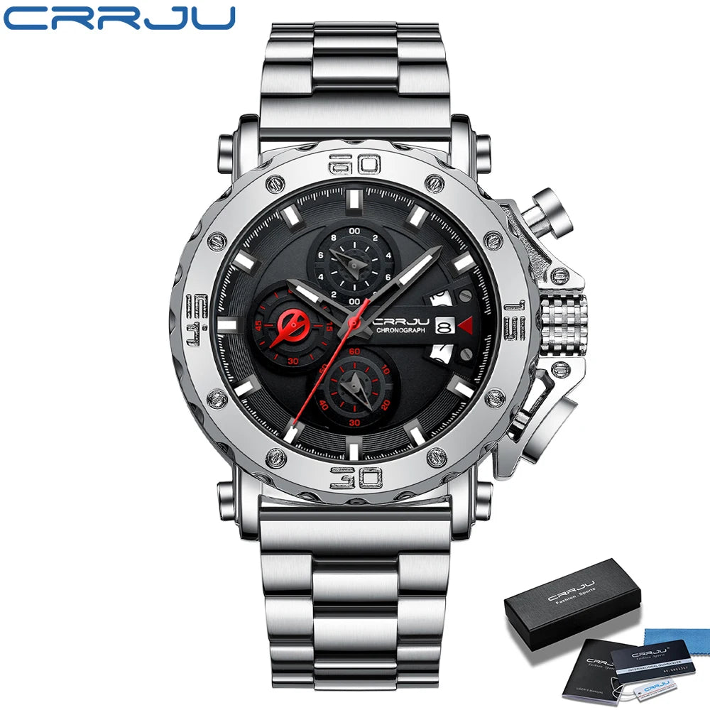 Relogio masculino crrju esporte cronógrafo relógios masculinos marca superior de luxo aço completo relógio quartzo à prova dwaterproof água grande dial relógio masculino