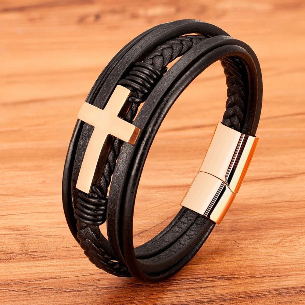 Xqni luxo multicolorido cruz design clássico aço inoxidável pulseira de couro masculino 19/21/23cm escolher bonito presentes de natal