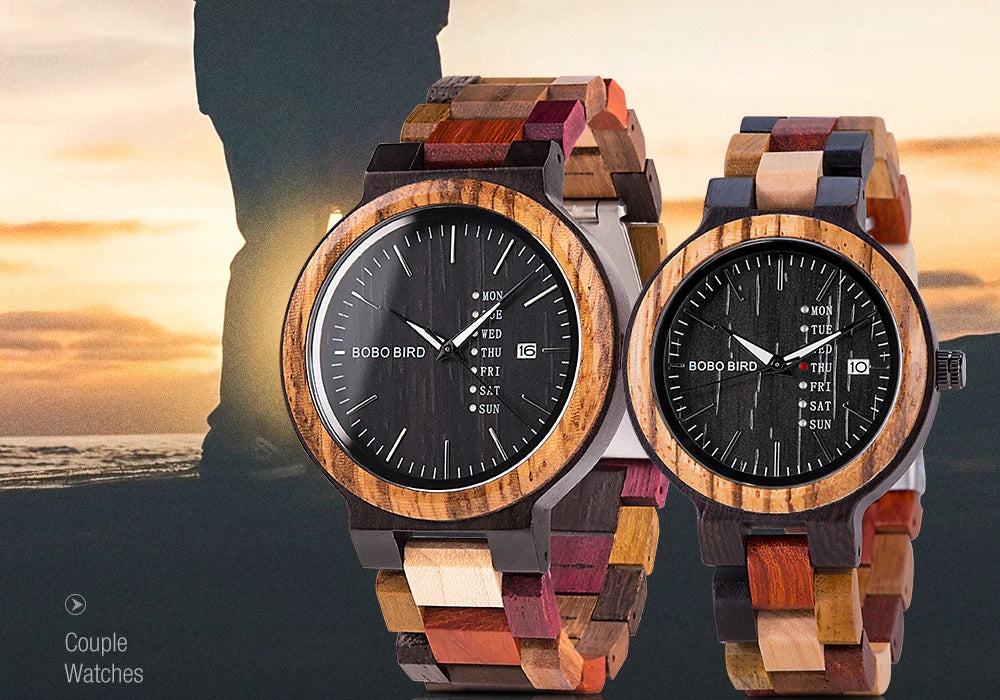 Relógio de pulso zegarek bobo bird para homens e mulheres, relógio de quartzo com pulseira de madeira colorida