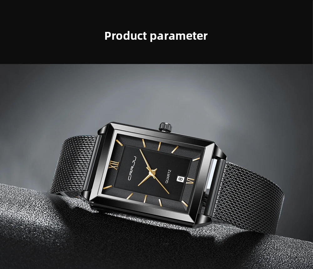 Crrju luxo relógio de ouro masculino quadrado japão quartzo fino malha aço à prova dwaterproof água esportes data automática relógios pulso relogio masculino