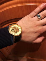 Forsining logotipo 3d design oco gravura preto caso dourado esqueleto de couro relógios mecânicos masculino marca luxo heren horloge
