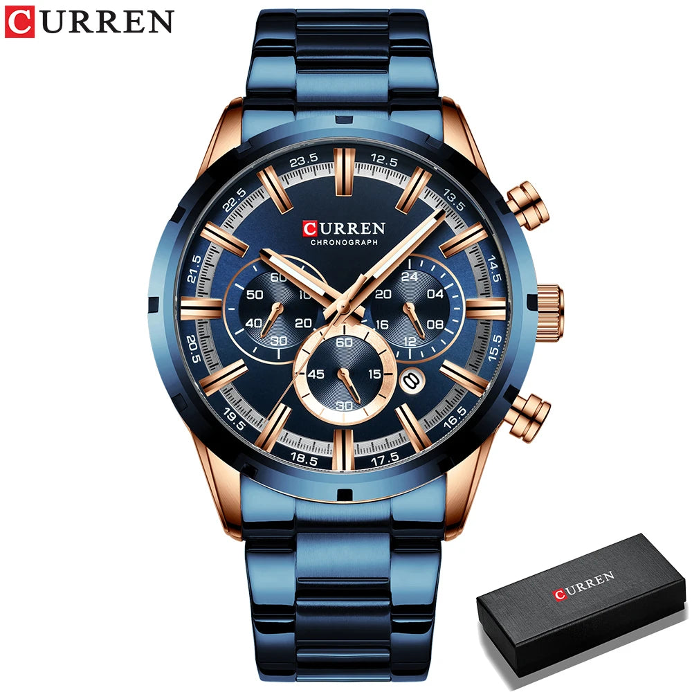 CURREN relógio de pulso masculino, relógio azul de aço inoxidável com pulseira data relógios luxuosos à prova d'água para homens de negócios