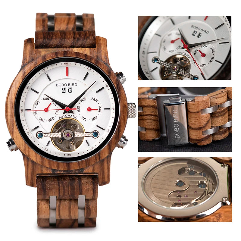 Bobo pássaro relógios mecânicos masculino feminino automático duplo tourbillon relógio de pulso roda balanço metal de madeira relógio relogio
