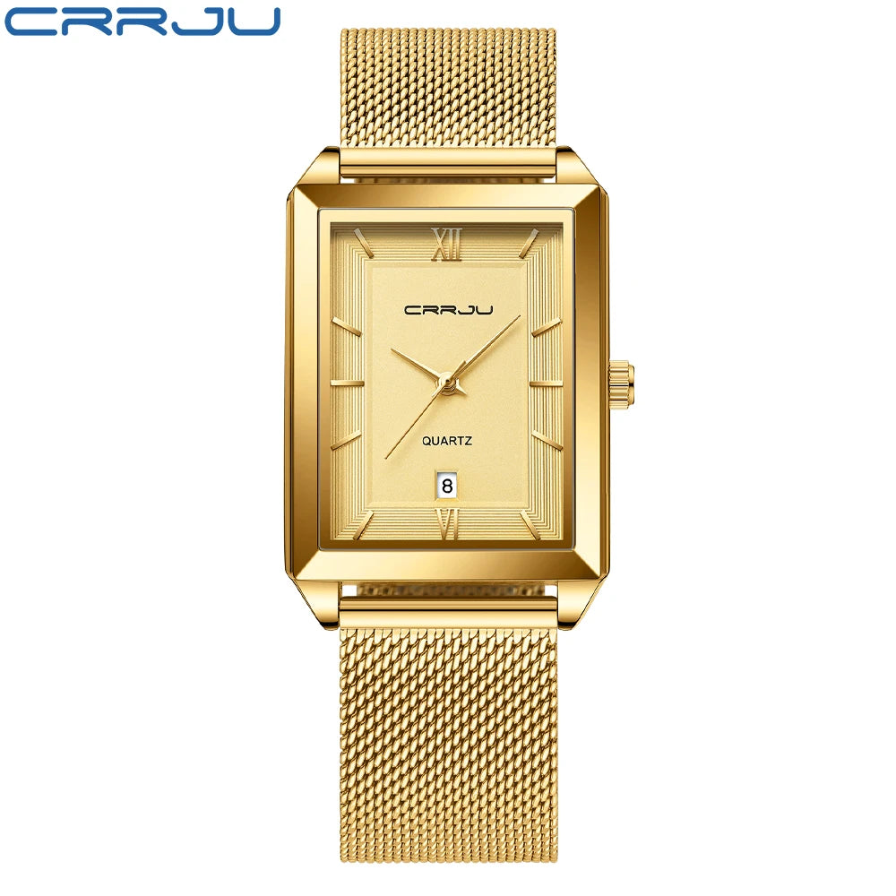 Crrju luxo relógio de ouro masculino quadrado japão quartzo fino malha aço à prova dwaterproof água esportes data automática relógios pulso relogio masculino