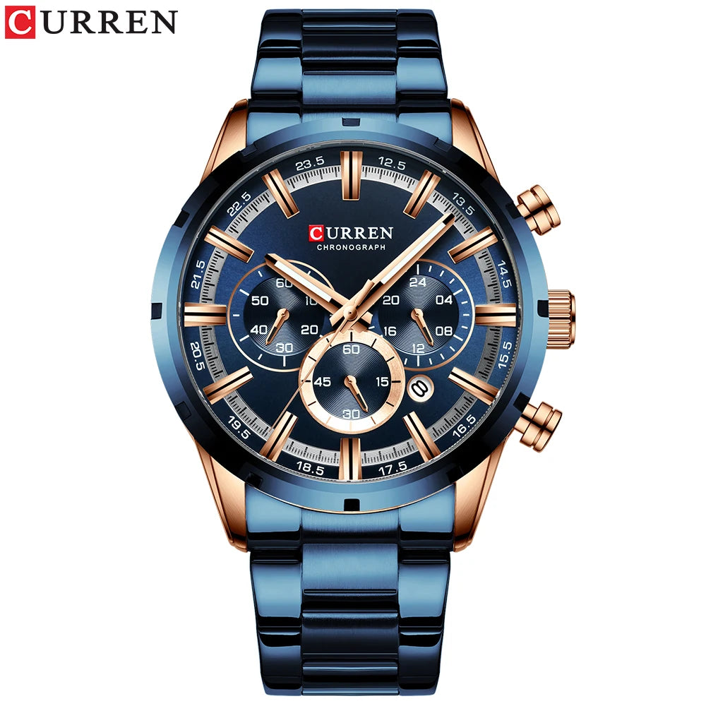CURREN relógio de pulso masculino, relógio azul de aço inoxidável com pulseira data relógios luxuosos à prova d'água para homens de negócios