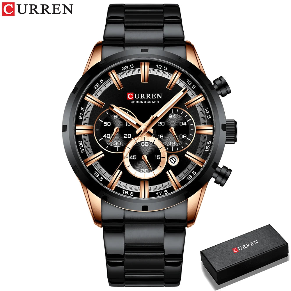CURREN relógio de pulso masculino, relógio azul de aço inoxidável com pulseira data relógios luxuosos à prova d'água para homens de negócios
