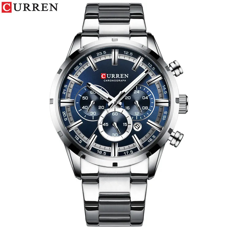 CURREN relógio de pulso masculino, relógio azul de aço inoxidável com pulseira data relógios luxuosos à prova d'água para homens de negócios