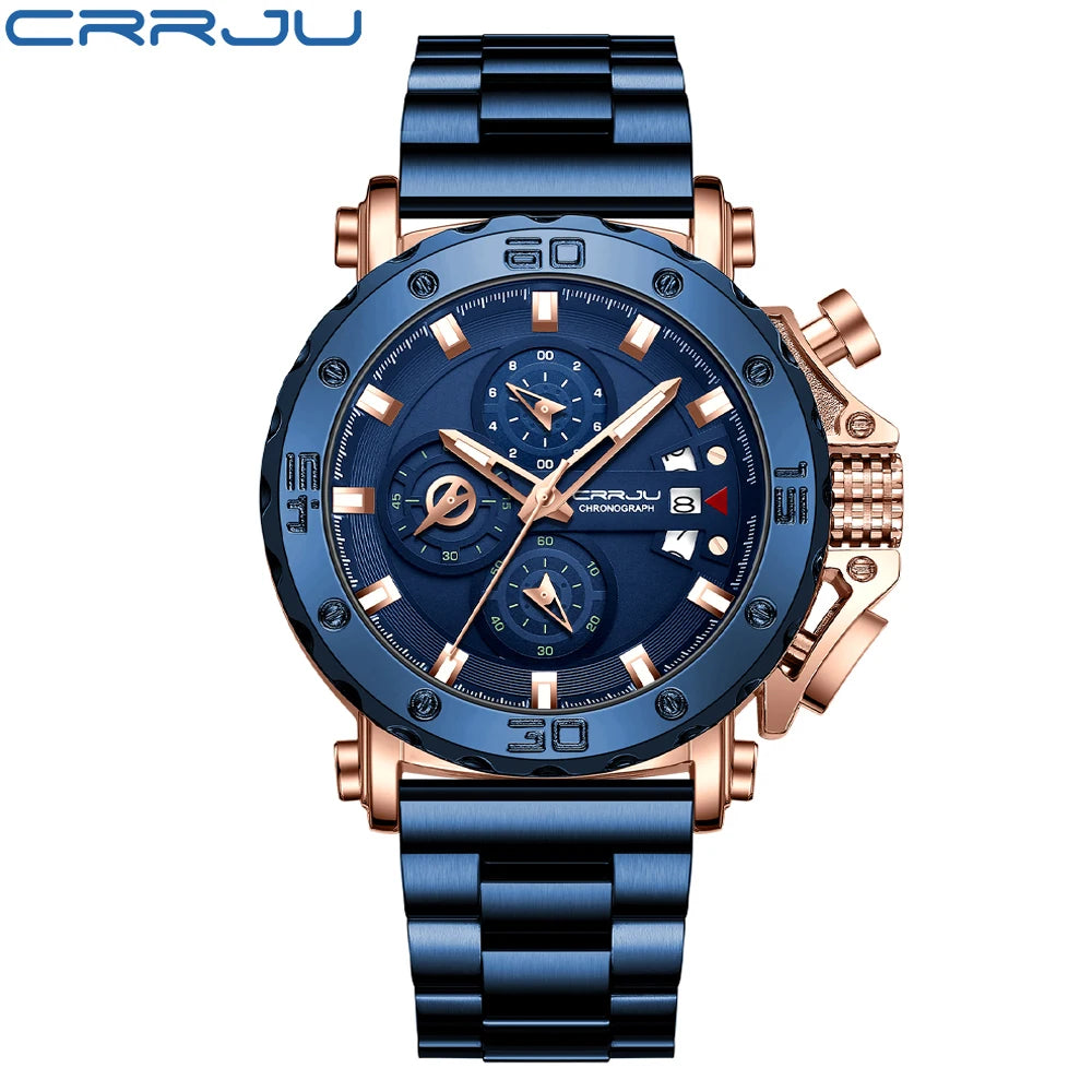 Relogio masculino crrju esporte cronógrafo relógios masculinos marca superior de luxo aço completo relógio quartzo à prova dwaterproof água grande dial relógio masculino