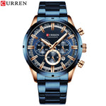 CURREN relógio de pulso masculino, relógio azul de aço inoxidável com pulseira data relógios luxuosos à prova d'água para homens de negócios