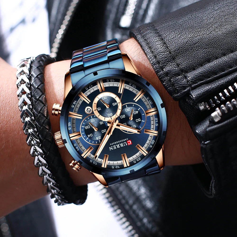 CURREN relógio de pulso masculino, relógio azul de aço inoxidável com pulseira data relógios luxuosos à prova d'água para homens de negócios