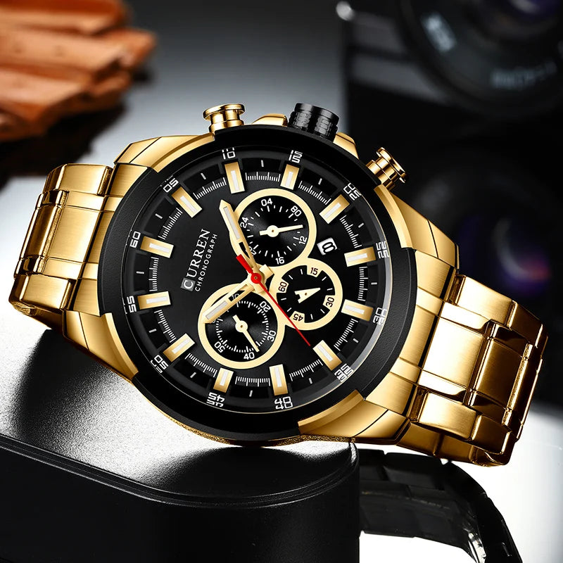 Curren relógios masculinos marca superior grande esporte relógio de luxo militar aço quartzo relógios pulso cronógrafo design ouro relógio masculino
