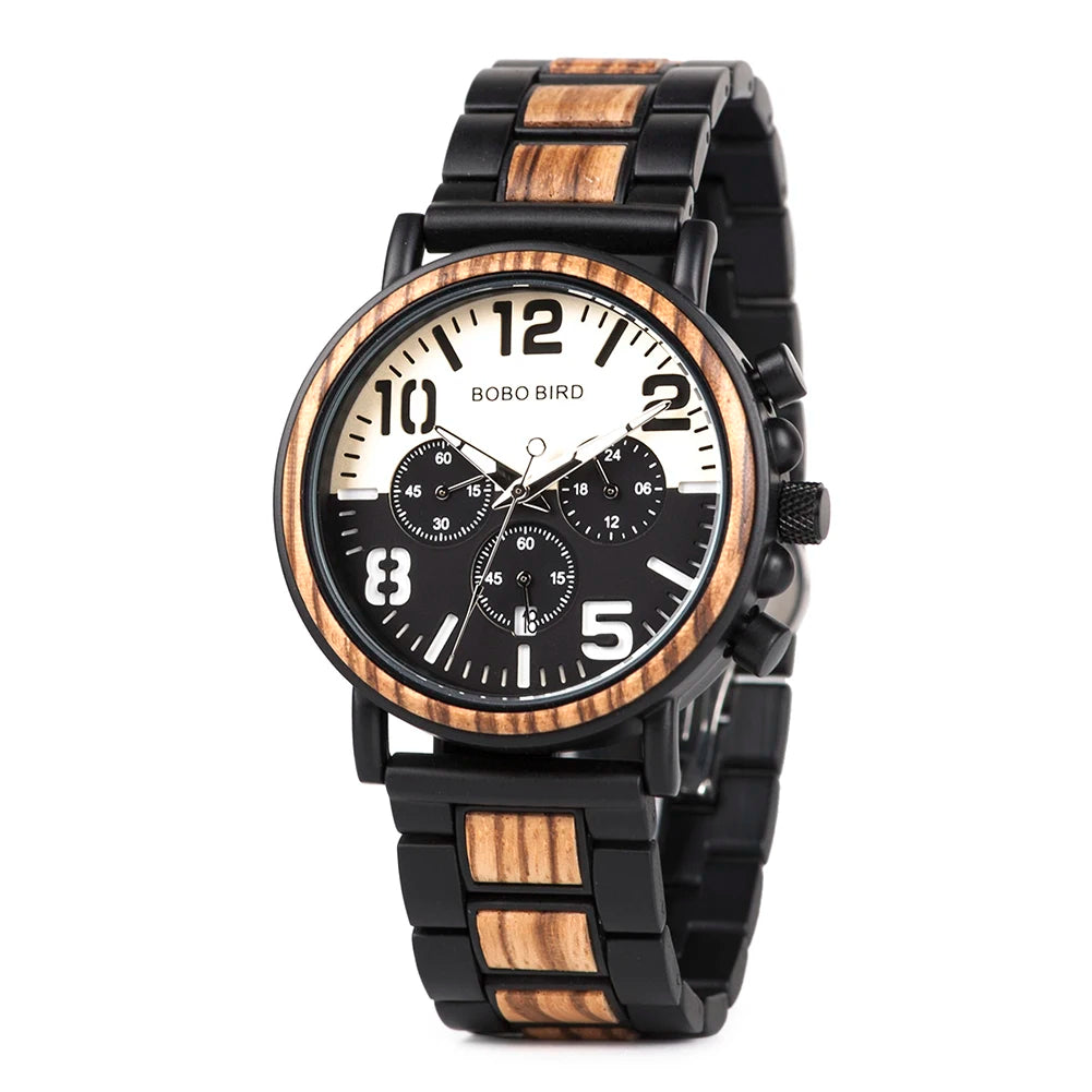 Bobobird relógio masculino de luxo, cronógrafo de quartzo, relógio de pulso personalizado, pulseira de metal e madeira, caixa de presente
