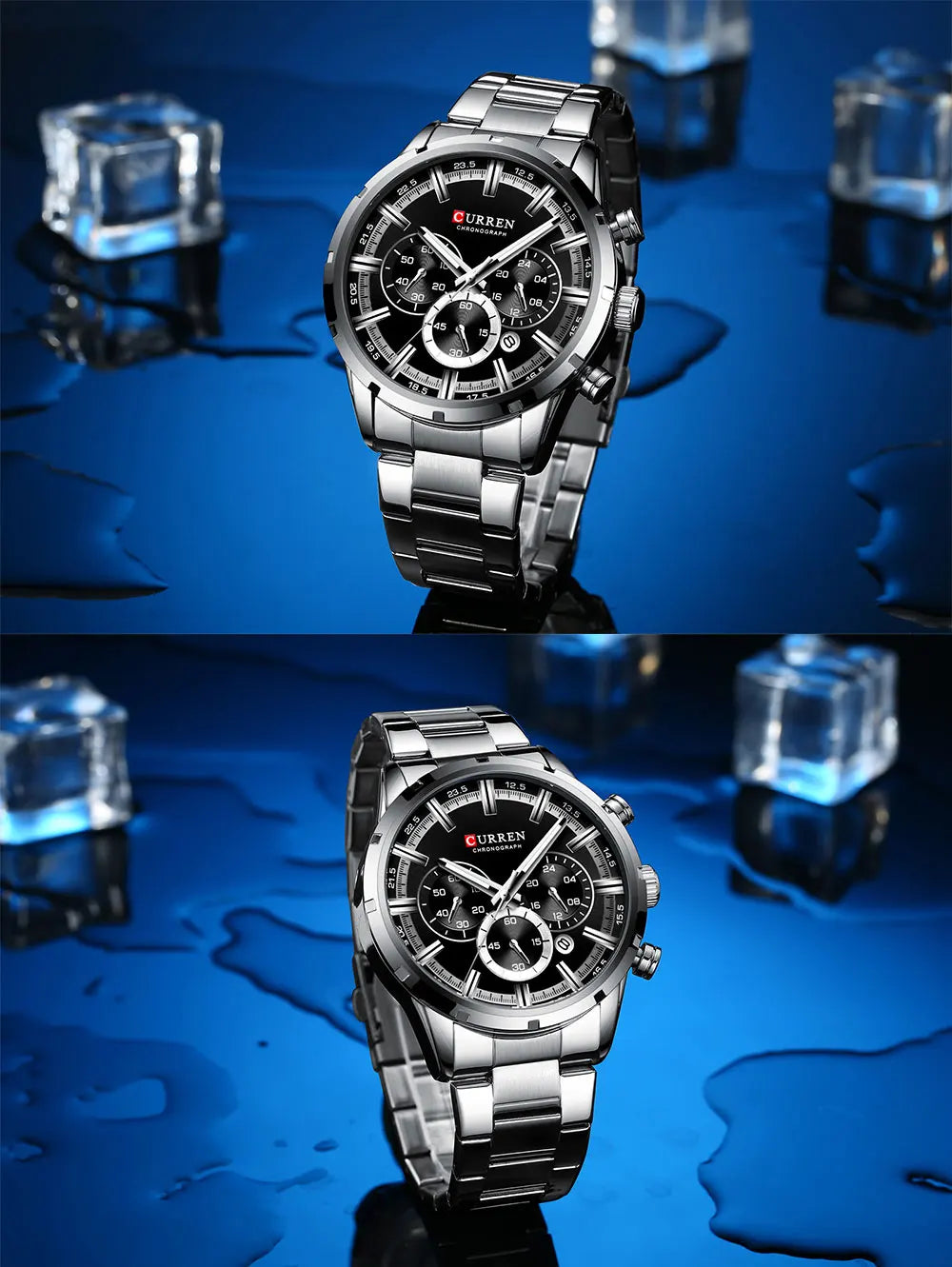 CURREN relógio de pulso masculino, relógio azul de aço inoxidável com pulseira data relógios luxuosos à prova d'água para homens de negócios