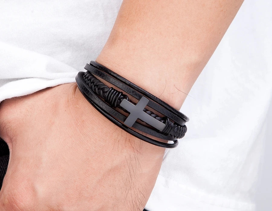 Xqni luxo multicolorido cruz design clássico aço inoxidável pulseira de couro masculino 19/21/23cm escolher bonito presentes de natal
