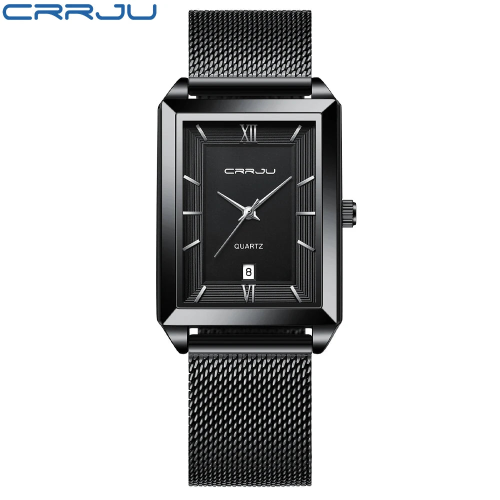 Crrju luxo relógio de ouro masculino quadrado japão quartzo fino malha aço à prova dwaterproof água esportes data automática relógios pulso relogio masculino