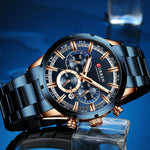 CURREN relógio de pulso masculino, relógio azul de aço inoxidável com pulseira data relógios luxuosos à prova d'água para homens de negócios