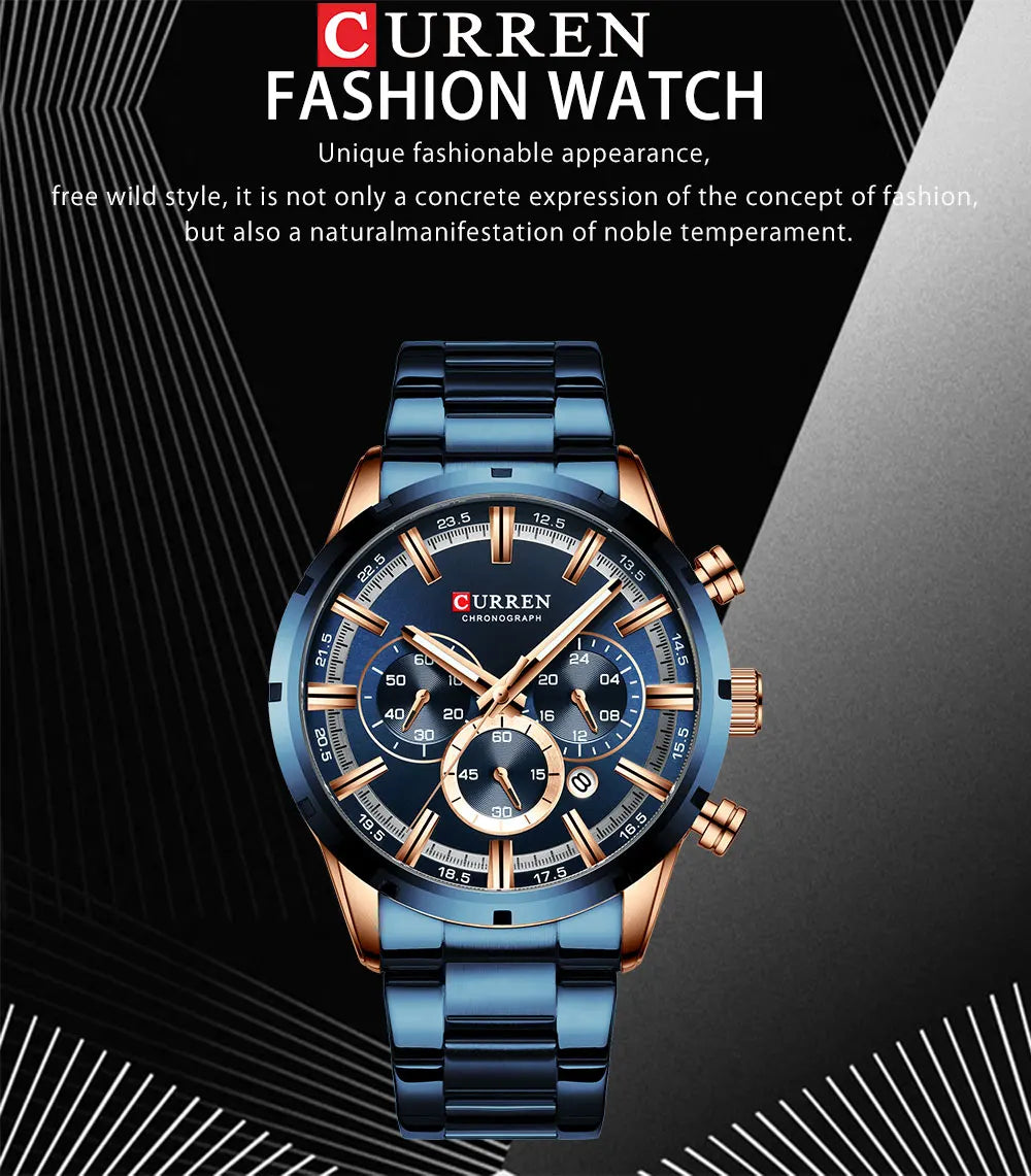CURREN relógio de pulso masculino, relógio azul de aço inoxidável com pulseira data relógios luxuosos à prova d'água para homens de negócios