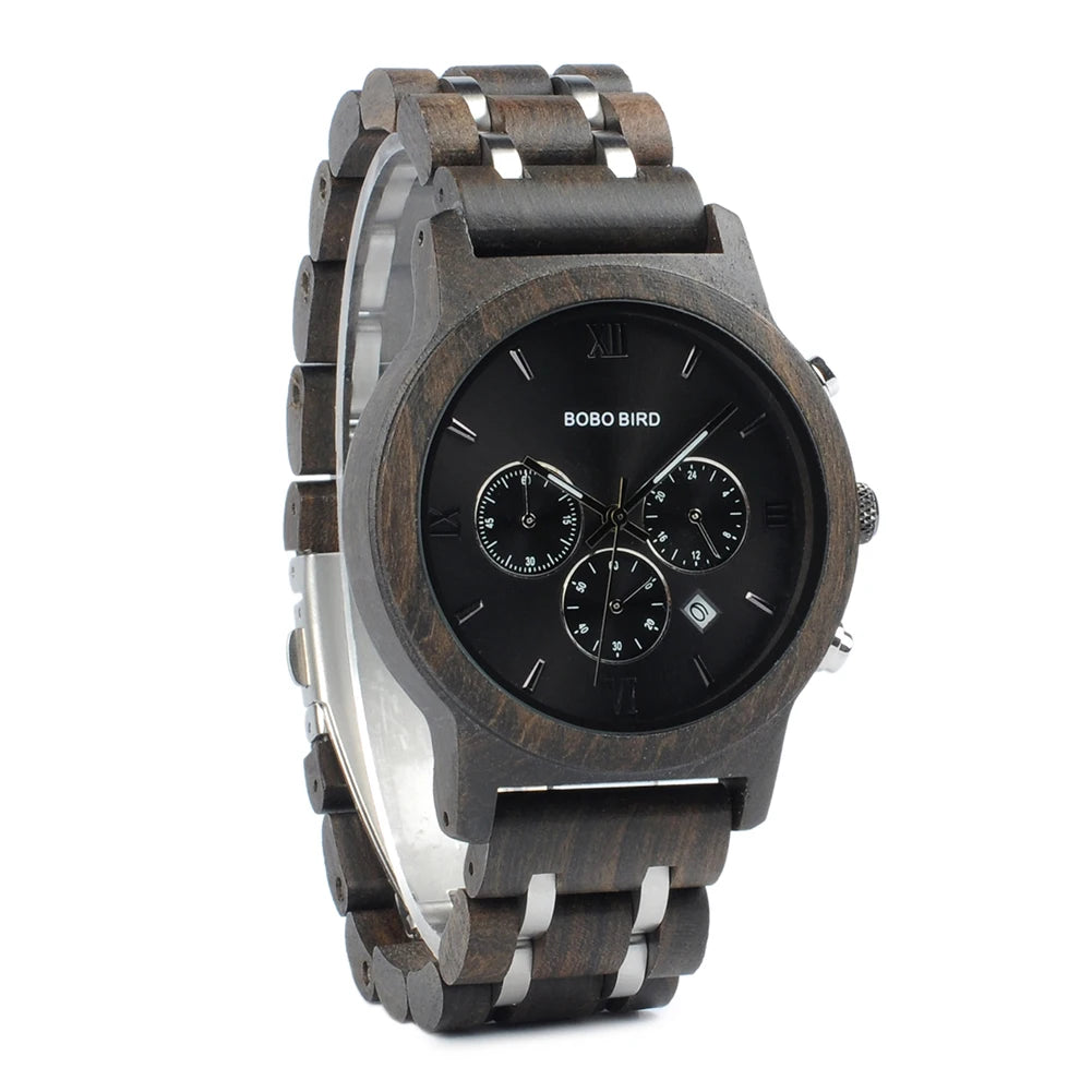Bobobird relógio masculino de luxo, cronógrafo de quartzo, relógio de pulso personalizado, pulseira de metal e madeira, caixa de presente
