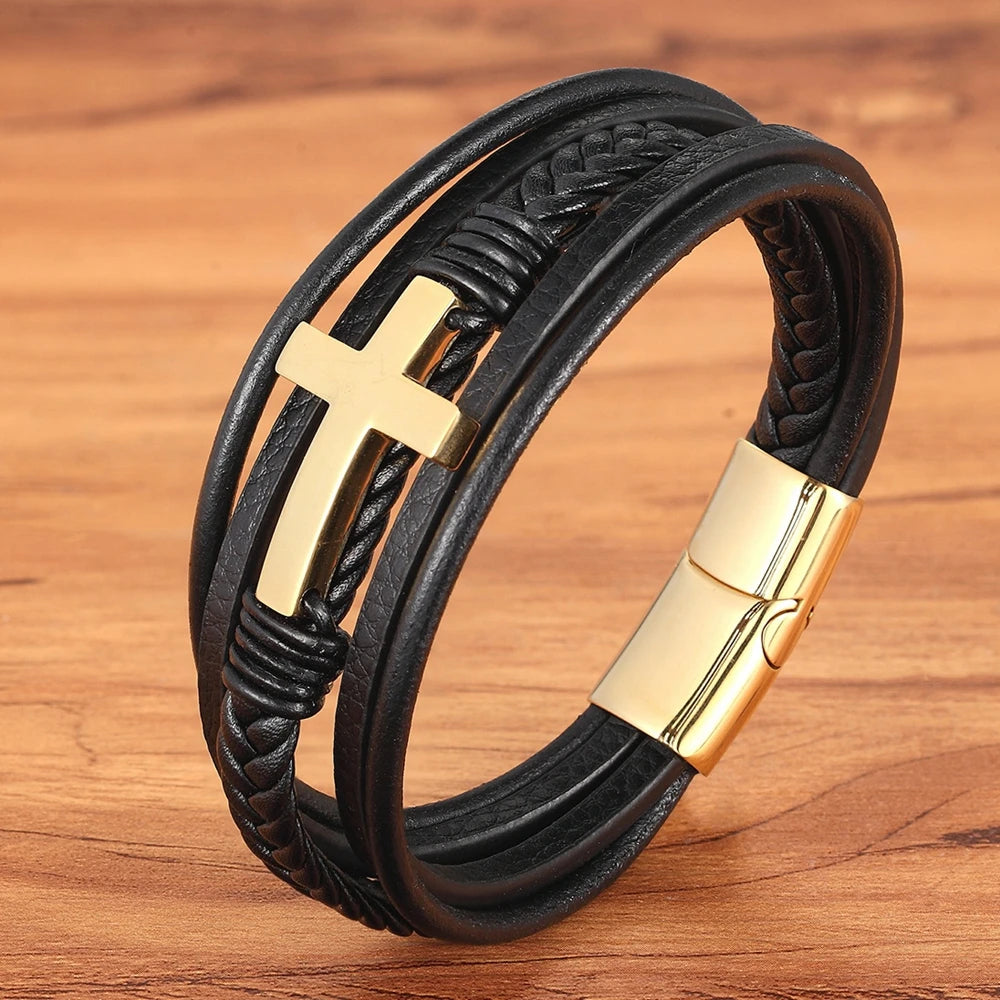 Xqni luxo multicolorido cruz design clássico aço inoxidável pulseira de couro masculino 19/21/23cm escolher bonito presentes de natal
