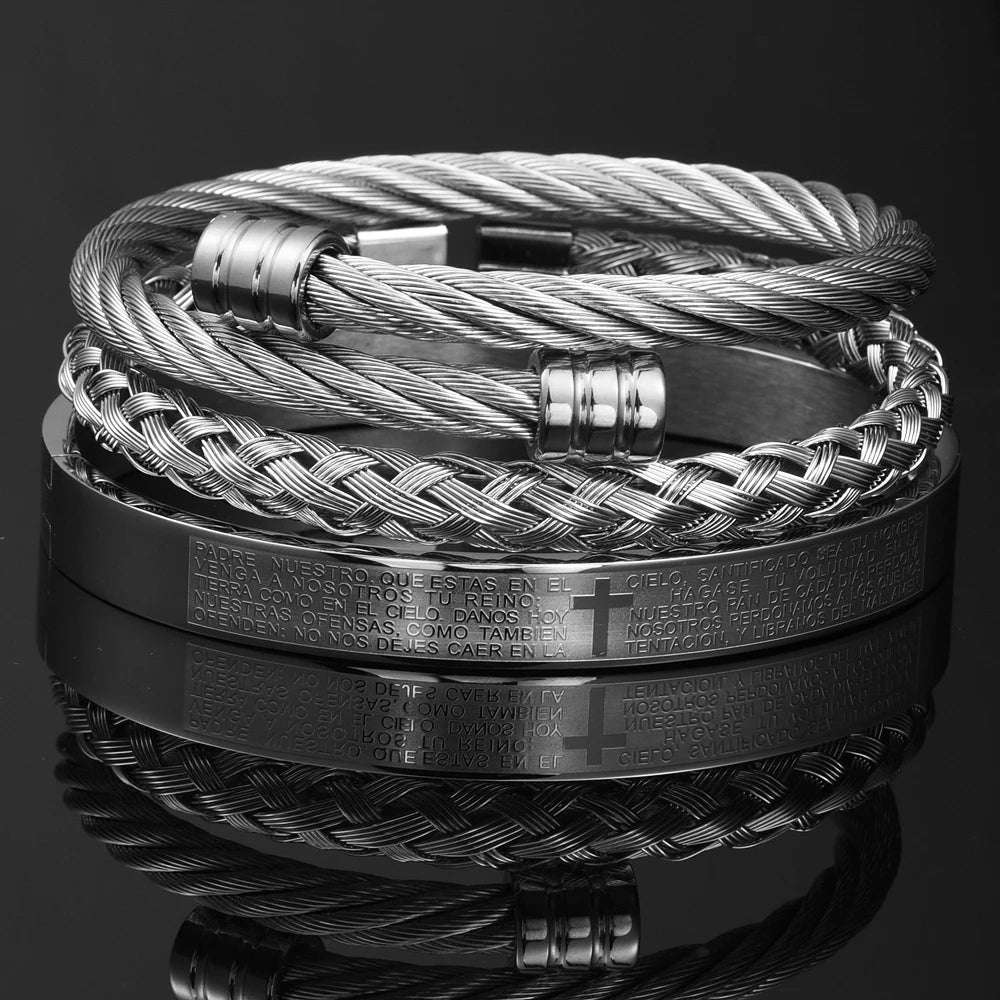 Conjunto de braceletes cruzados em aço inoxidável para homens, escultura em escrituras espanholas, jóias de luxo, Hip Hop, aberto, marca