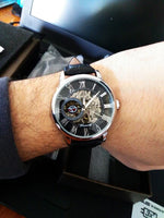 Forsining logotipo 3d design oco gravura preto caso dourado esqueleto de couro relógios mecânicos masculino marca luxo heren horloge