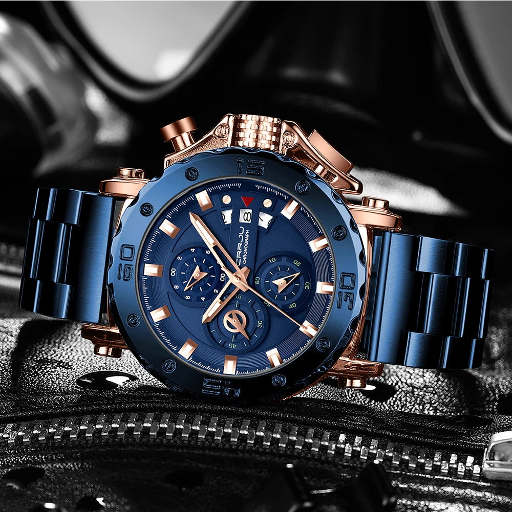 Relogio masculino crrju esporte cronógrafo relógios masculinos marca superior de luxo aço completo relógio quartzo à prova dwaterproof água grande dial relógio masculino