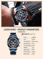 CURREN relógio de pulso masculino, relógio azul de aço inoxidável com pulseira data relógios luxuosos à prova d'água para homens de negócios