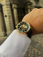 Forsining logotipo 3d design oco gravura preto caso dourado esqueleto de couro relógios mecânicos masculino marca luxo heren horloge
