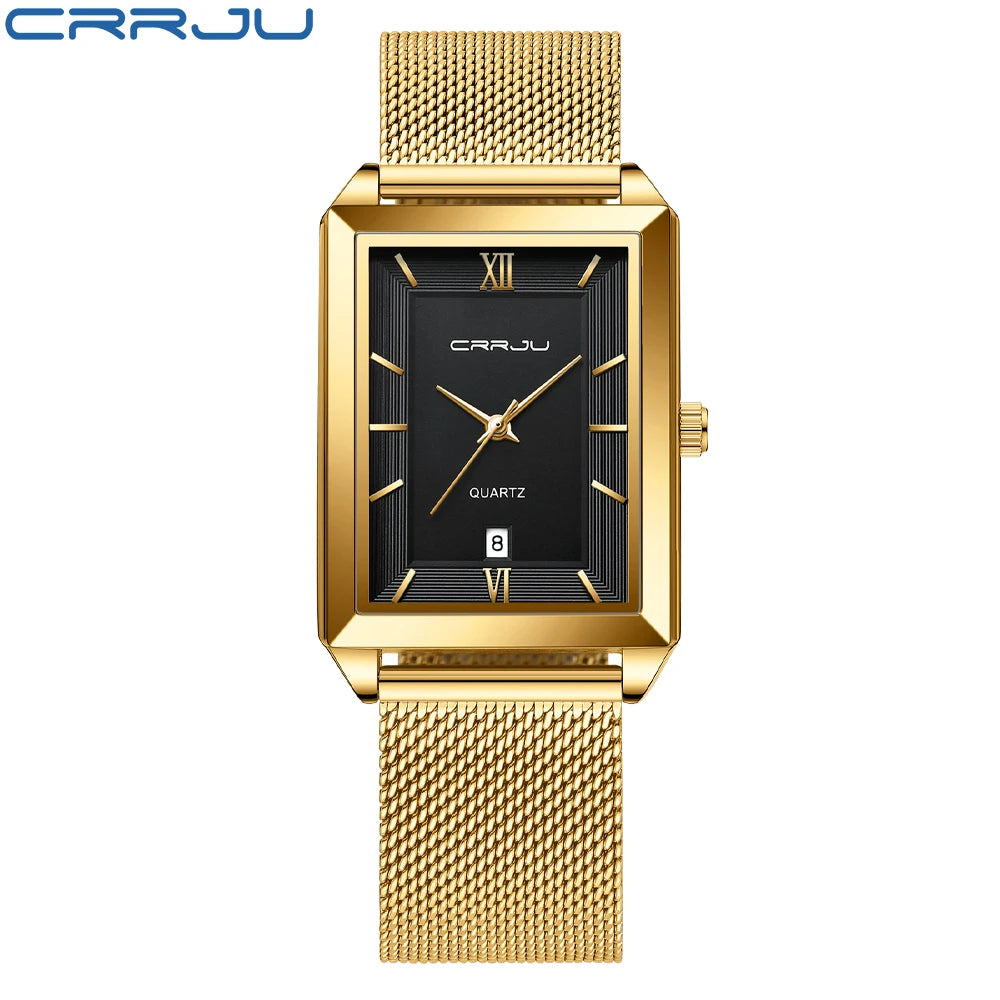 Crrju luxo relógio de ouro masculino quadrado japão quartzo fino malha aço à prova dwaterproof água esportes data automática relógios pulso relogio masculino