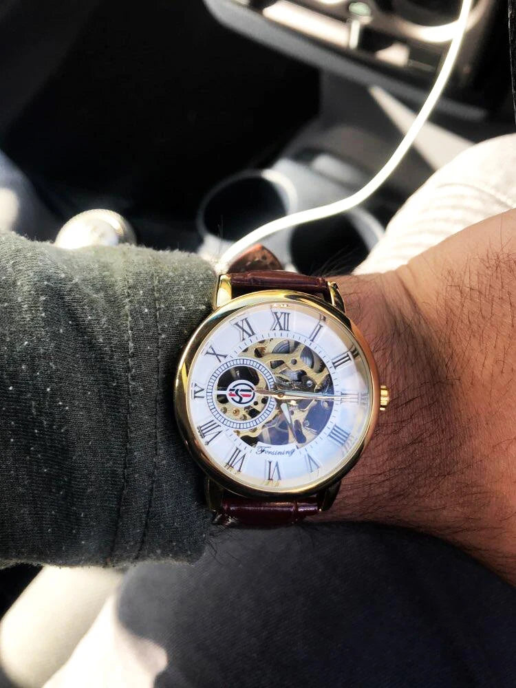 Forsining logotipo 3d design oco gravura preto caso dourado esqueleto de couro relógios mecânicos masculino marca luxo heren horloge