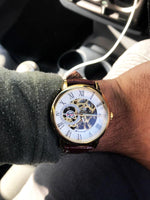 Forsining logotipo 3d design oco gravura preto caso dourado esqueleto de couro relógios mecânicos masculino marca luxo heren horloge