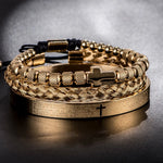 Conjunto de braceletes cruzados em aço inoxidável para homens, escultura em escrituras espanholas, jóias de luxo, Hip Hop, aberto, marca