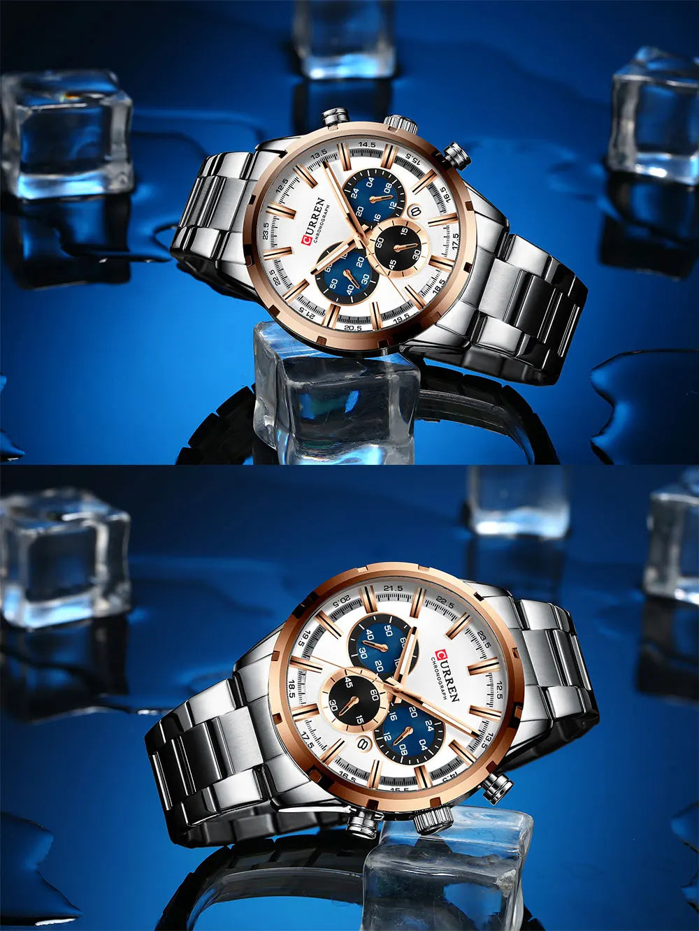 CURREN relógio de pulso masculino, relógio azul de aço inoxidável com pulseira data relógios luxuosos à prova d'água para homens de negócios