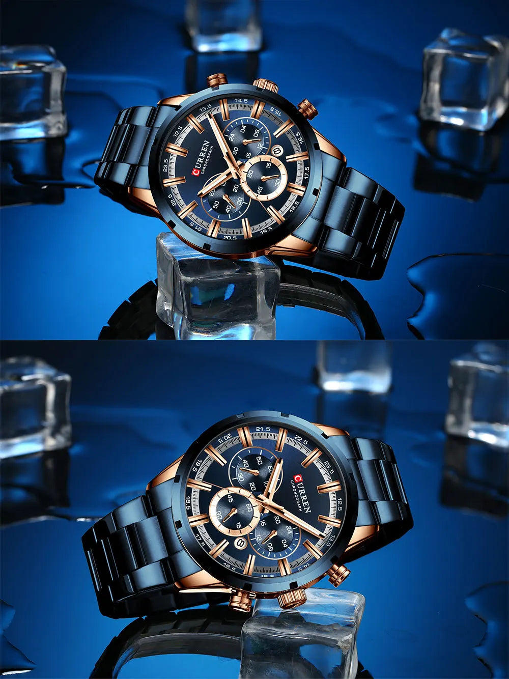 CURREN relógio de pulso masculino, relógio azul de aço inoxidável com pulseira data relógios luxuosos à prova d'água para homens de negócios