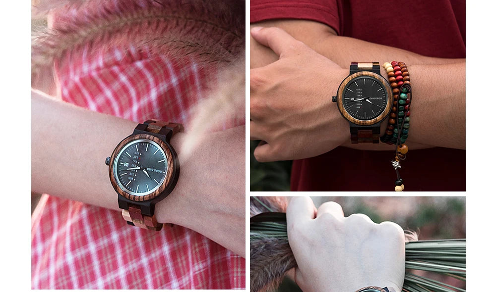 Relógio de pulso zegarek bobo bird para homens e mulheres, relógio de quartzo com pulseira de madeira colorida
