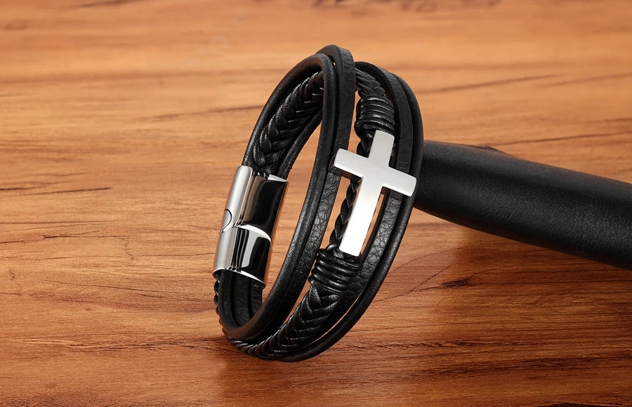 Xqni luxo multicolorido cruz design clássico aço inoxidável pulseira de couro masculino 19/21/23cm escolher bonito presentes de natal