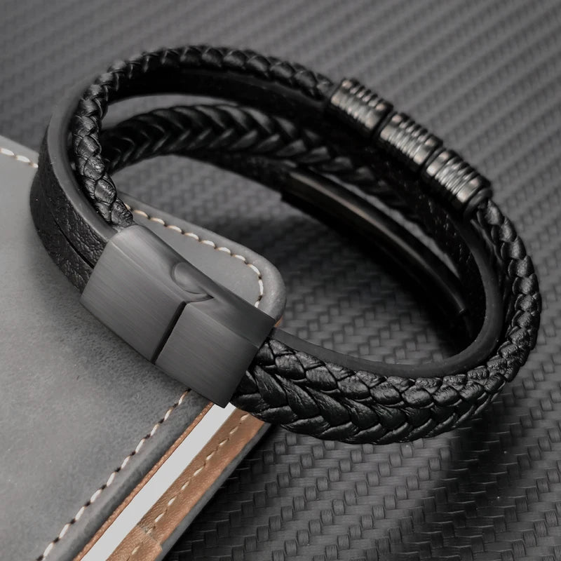 Grânulos de aço inoxidável luxo charme masculino pulseira fecho magnético trançado mutilayer couro embrulho punk pulseiras homem jóias presente