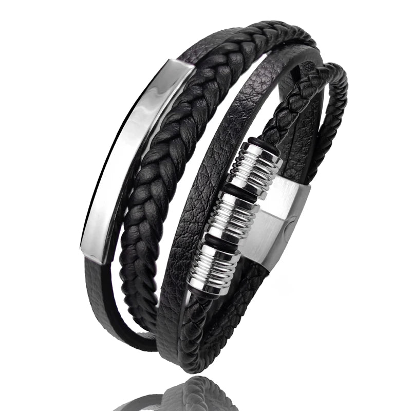 Grânulos de aço inoxidável luxo charme masculino pulseira fecho magnético trançado mutilayer couro embrulho punk pulseiras homem jóias presente