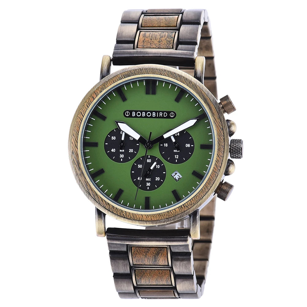 Bobobird relógio masculino de luxo, cronógrafo de quartzo, relógio de pulso personalizado, pulseira de metal e madeira, caixa de presente