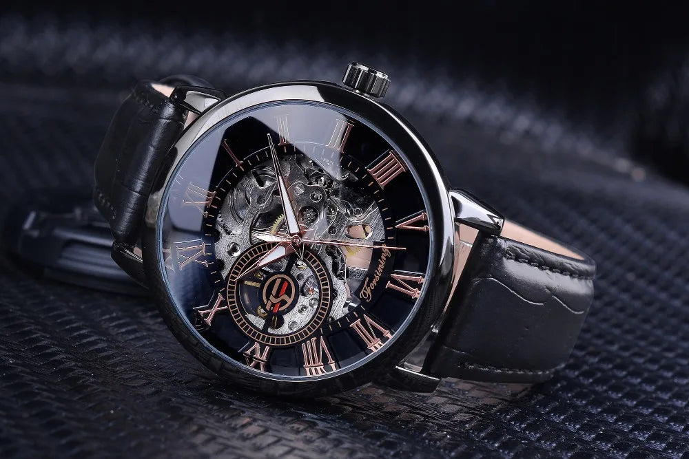 Forsining logotipo 3d design oco gravura preto caso dourado esqueleto de couro relógios mecânicos masculino marca luxo heren horloge