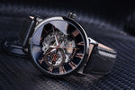 Forsining logotipo 3d design oco gravura preto caso dourado esqueleto de couro relógios mecânicos masculino marca luxo heren horloge