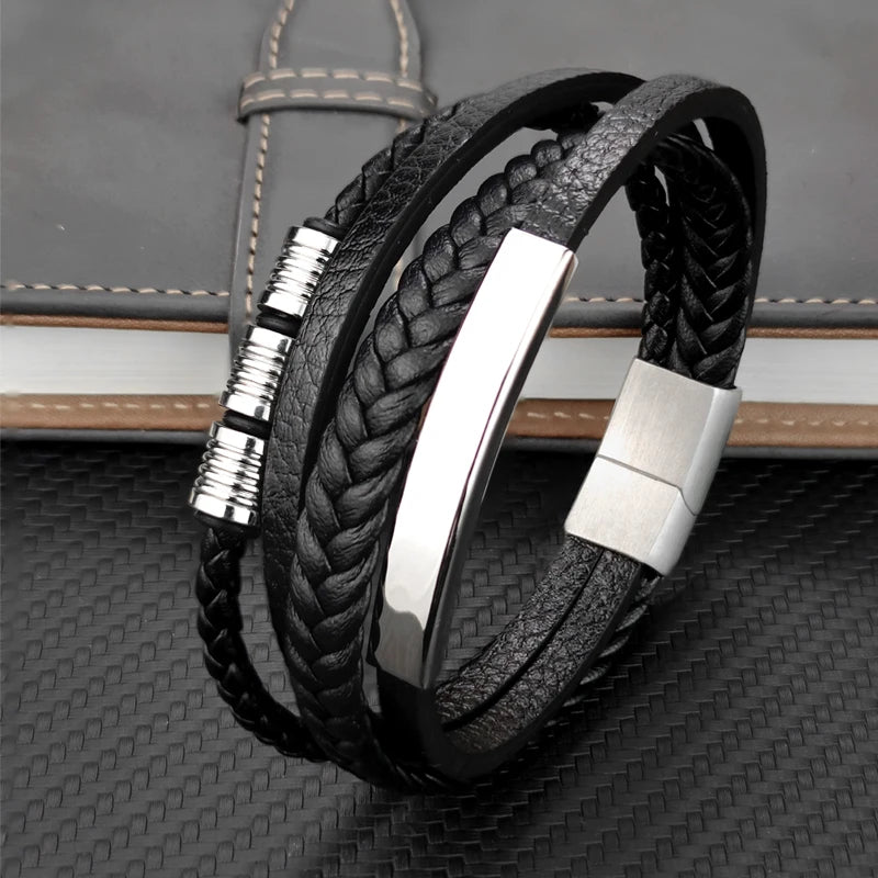 Grânulos de aço inoxidável luxo charme masculino pulseira fecho magnético trançado mutilayer couro embrulho punk pulseiras homem jóias presente