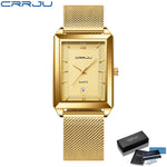 Crrju luxo relógio de ouro masculino quadrado japão quartzo fino malha aço à prova dwaterproof água esportes data automática relógios pulso relogio masculino