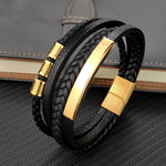 Grânulos de aço inoxidável luxo charme masculino pulseira fecho magnético trançado mutilayer couro embrulho punk pulseiras homem jóias presente
