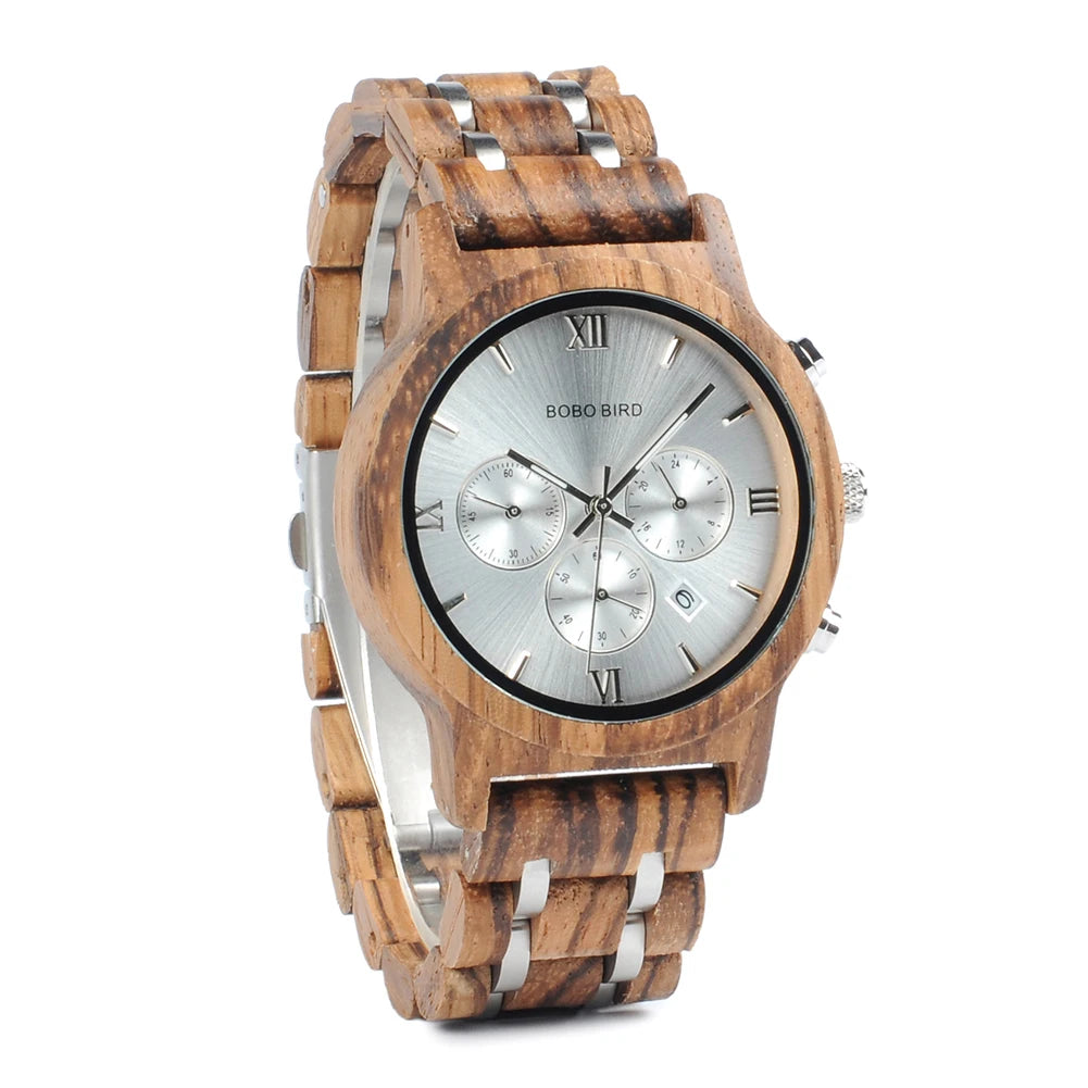 Bobobird relógio masculino de luxo, cronógrafo de quartzo, relógio de pulso personalizado, pulseira de metal e madeira, caixa de presente