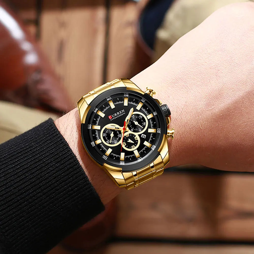 Curren relógios masculinos marca superior grande esporte relógio de luxo militar aço quartzo relógios pulso cronógrafo design ouro relógio masculino